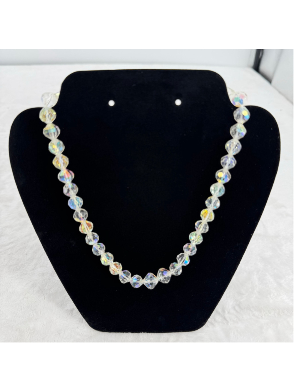Aurora Borealis Faceted Iridescent Crystal Bead Necklace 18” Vintage Midcentury